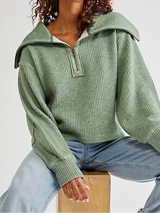 We The Free Sweaters - We The Free by Free People Dean Sweater Sage Green Half-Zip Cropped Slouchy Fit